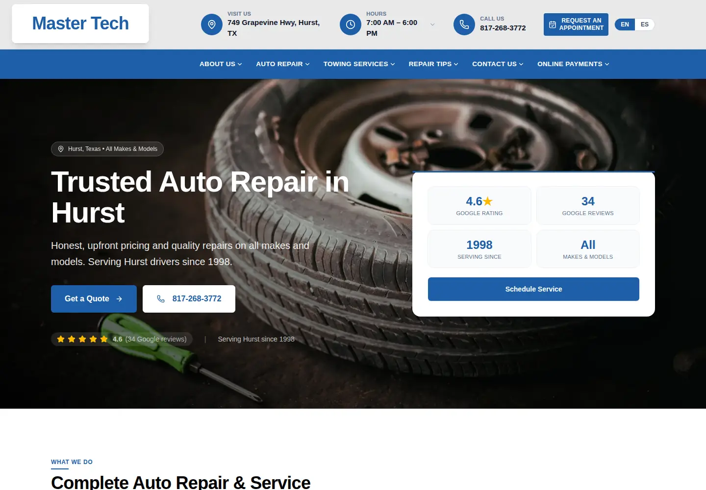 Master Tech Service Center — sitio demo en vivo